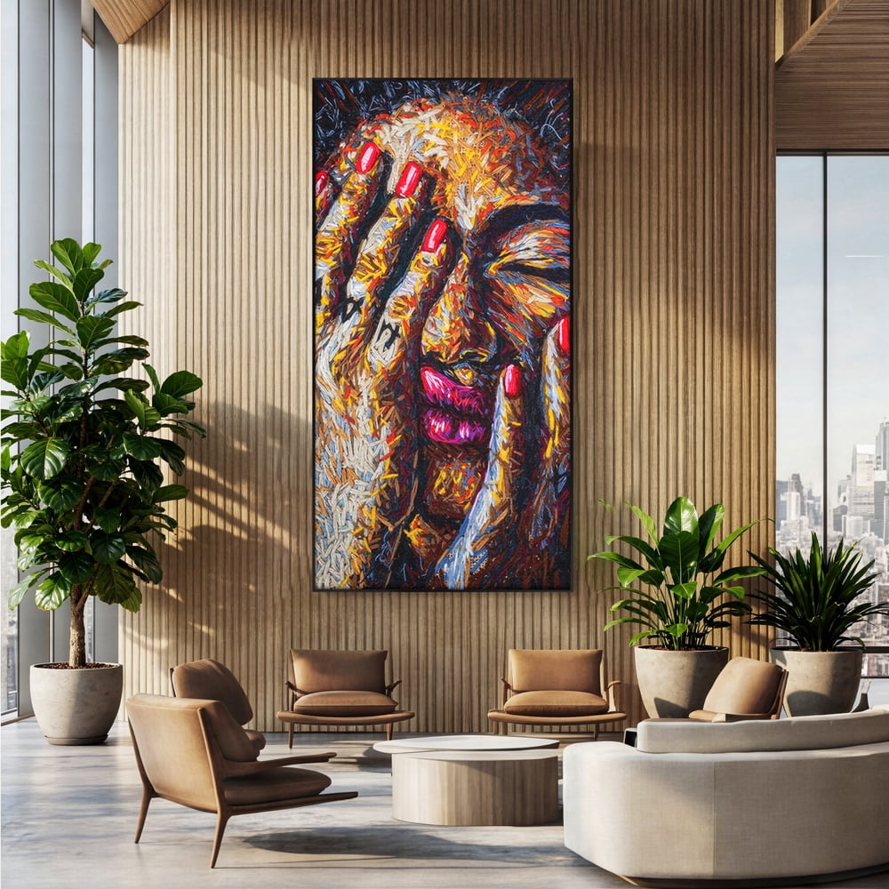 Tablou canvas cu tablou canvas cu portret stilizat, in rama de aluminiu negru, pe perete intr-un birou